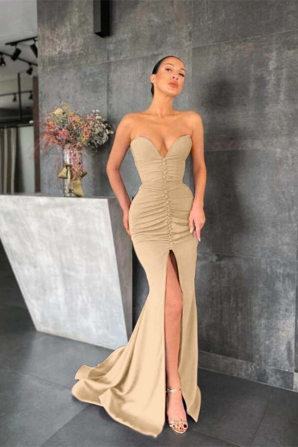 Sleeveless Strapless Long Mermaid Prom Dress With Pleated Split