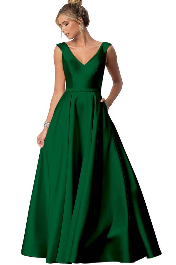 Straps V Neck Sleeveless Long Prom Dress With Pockets Pleated