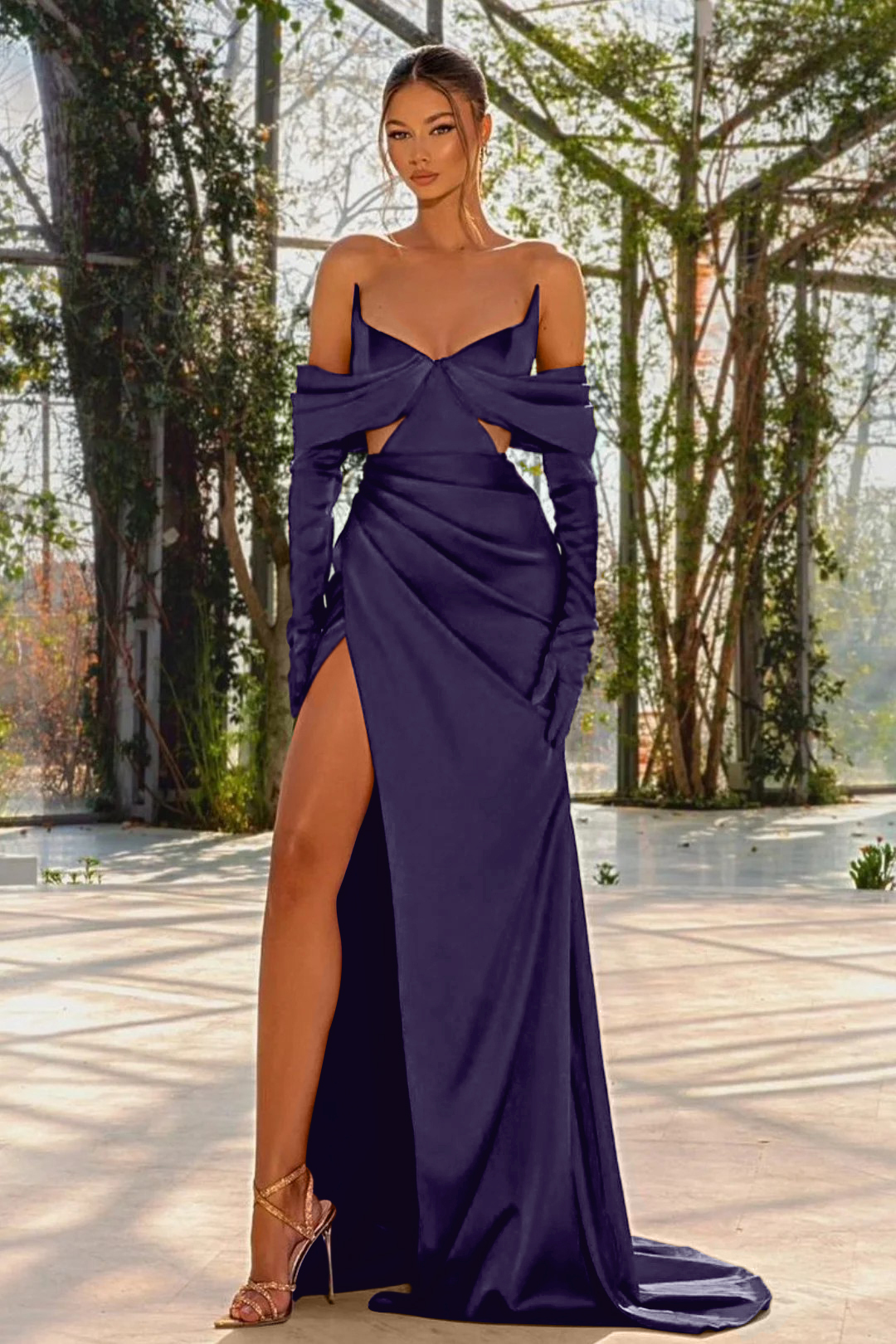 Off the Shoulder Prom Dress Red Half Sleeves With Slit Pleated Gloves