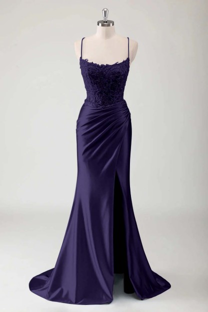 Spaghetti Strap Sleeveless Long High Split Prom Dress With Appliques