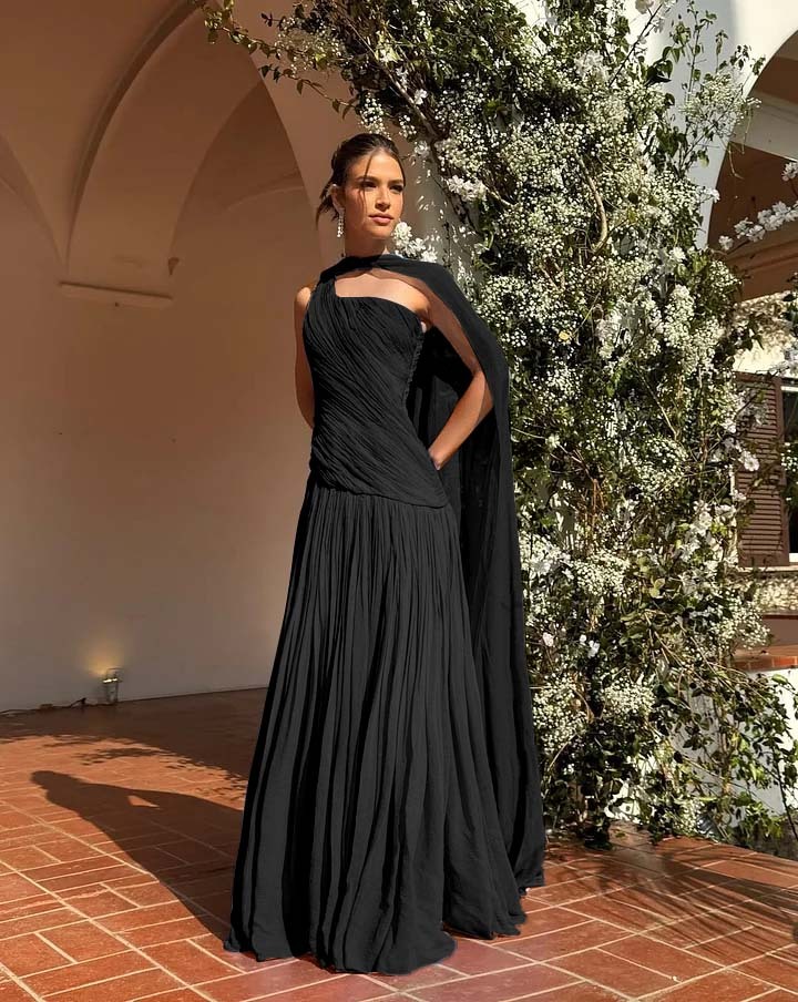 Chic One Shoulder Sleeveless Long Prom Dress With Pleated Shawl