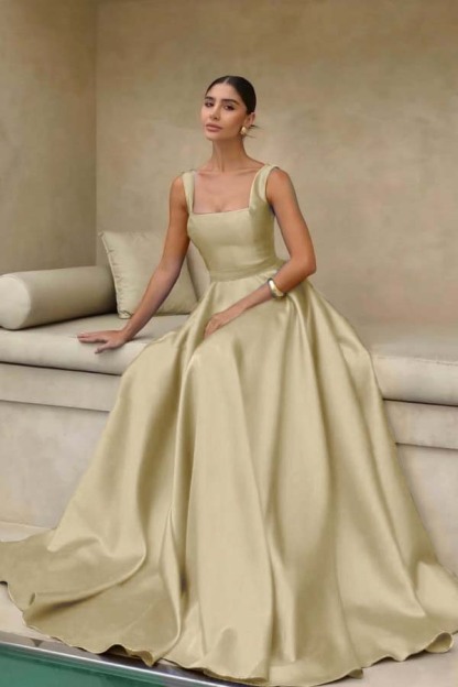 Stain Straps Sleeveless A Line Long Prom Dress With Pleated