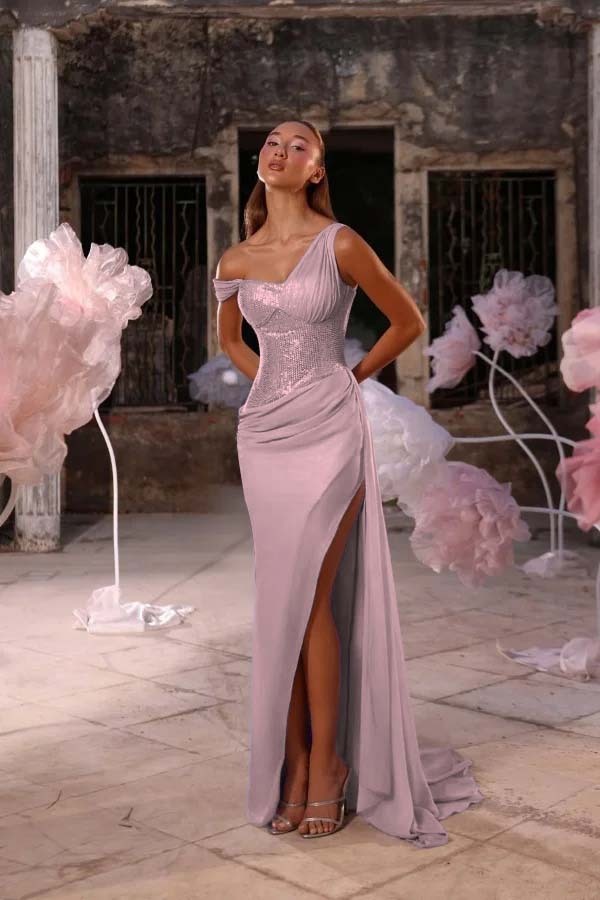 Sleeveless One Shoulder Long Split Prom Dress With Pleated Sequin
