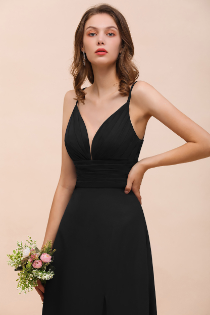 BMbridal Deep V Neck Spaghetti Straps Slit Long Black Bridesmaid Dress-BMbridal