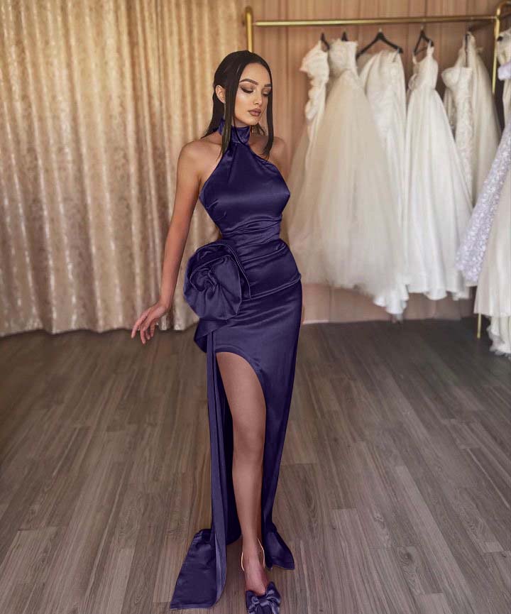 Orange Flower Halter Sleeveless High Split Prom Dress With Pleated