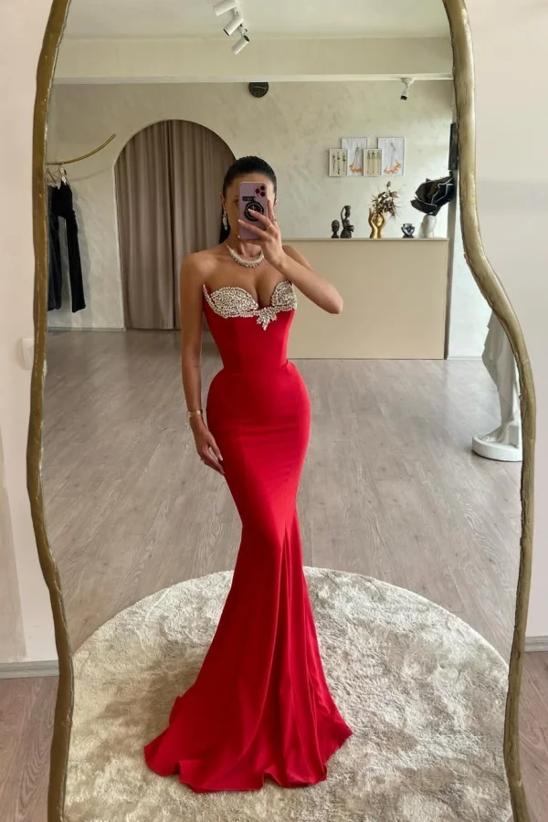 Strapless Sleeveless Long Mermaid Prom Dress With Beading Pleated