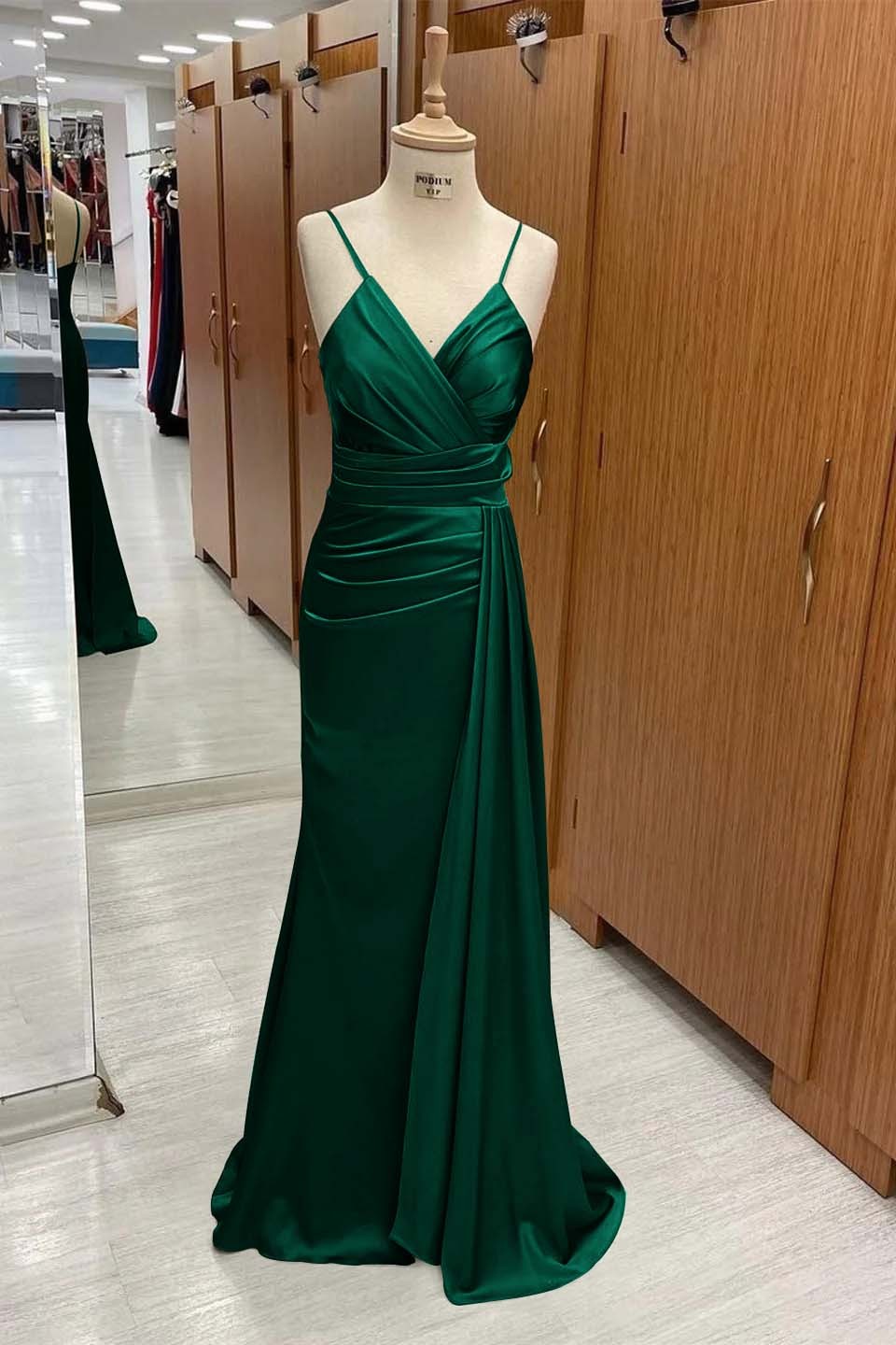 Spaghetti Strap Sleeveless Long Mermaid Prom Dress With Pleated