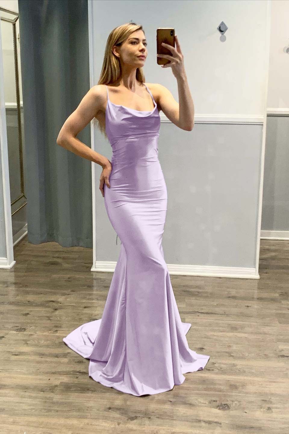 Mermaid Spaghetti Strap Sleeveless Light Purple Prom Dress With Pleated