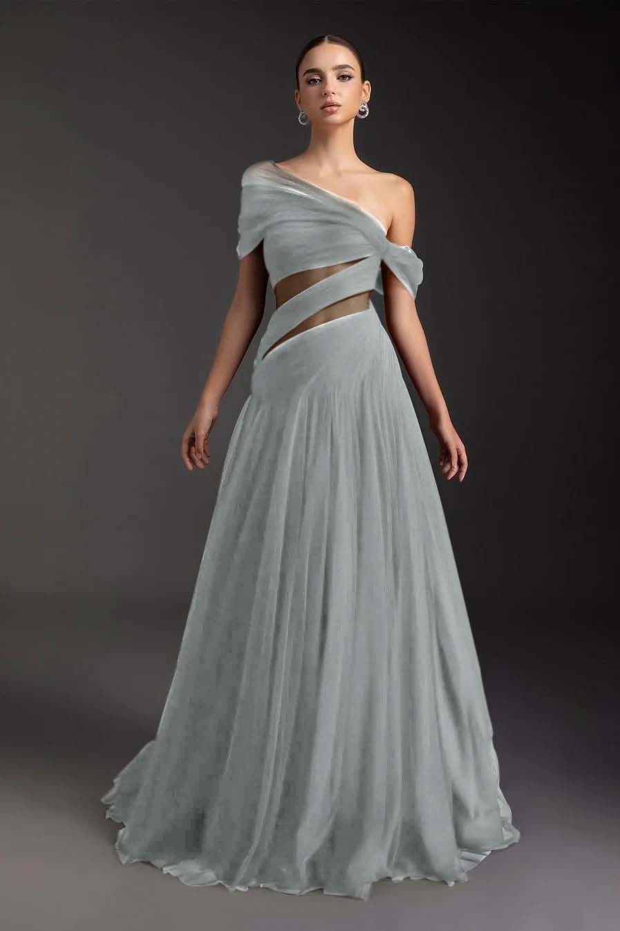 Glamorous Tulle One Shoulder Sleeveless Long Prom Dress With Pleated