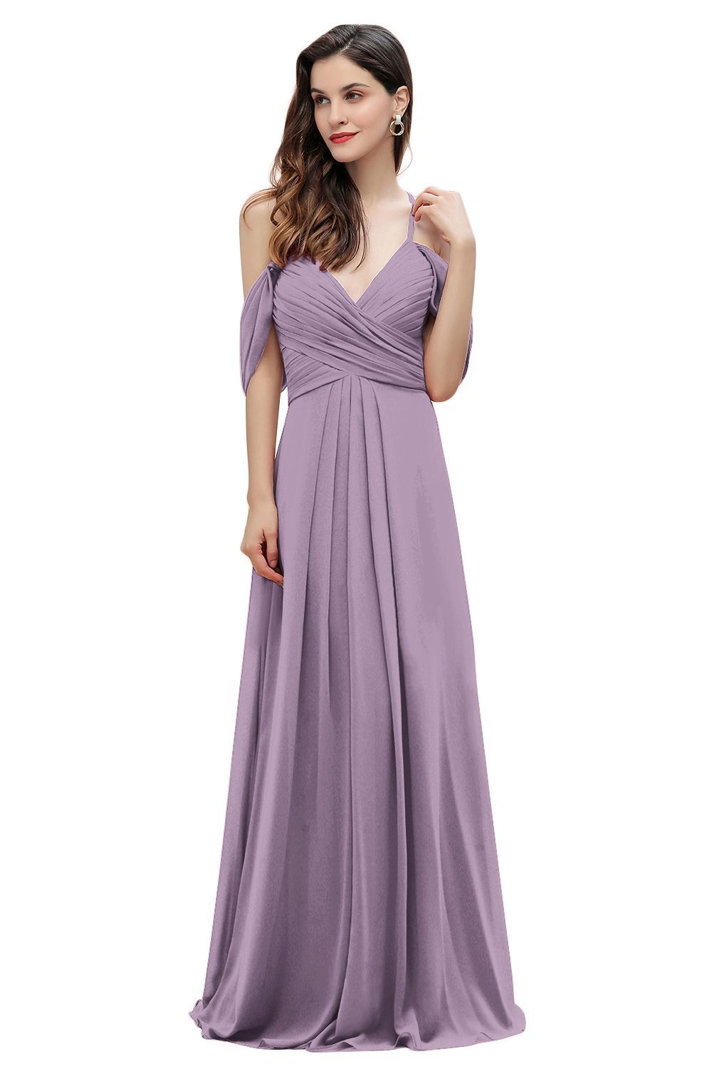 Elegant A-line Off-the-Shoulder V-neck Ruched Long Bridesmaid Dress-BMbridal