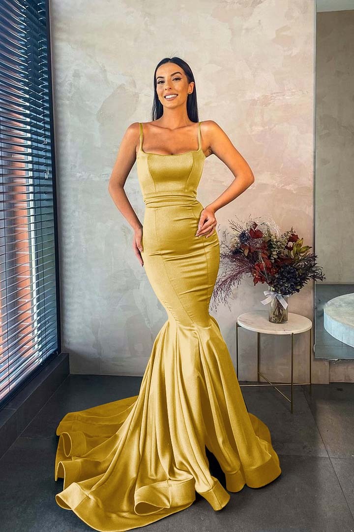 Spaghetti Strap Sleeveless Long Mermaid Prom Dress With Pleated