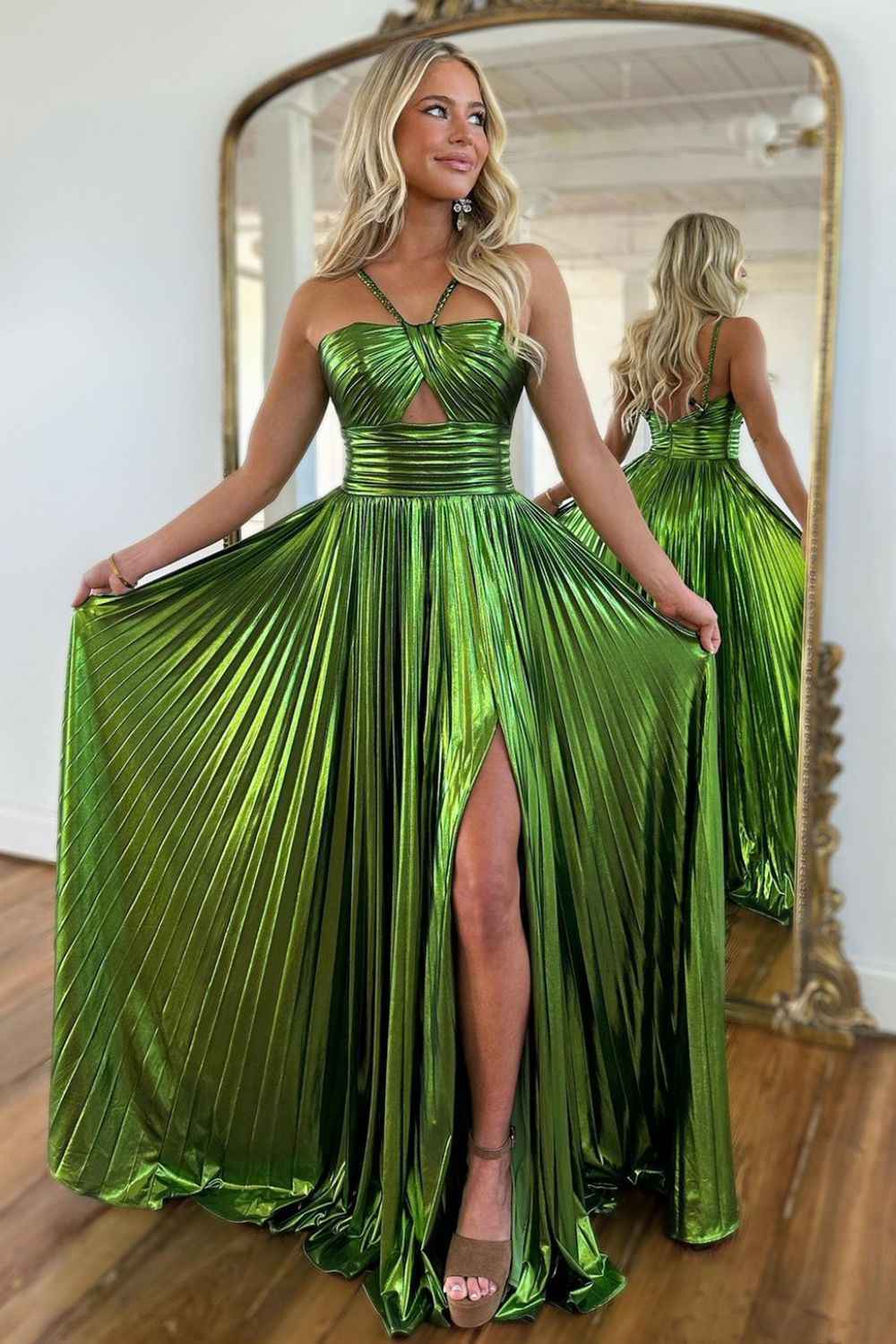 Sparkly A Line Halter Neck Gold Long Prom Dress with Keyhole Slit