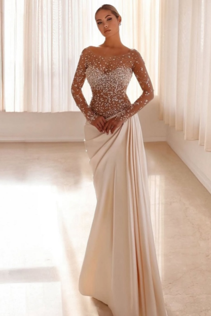 Jewel Neck Long Sleeves Long Mermaid Prom Dress With Pleated