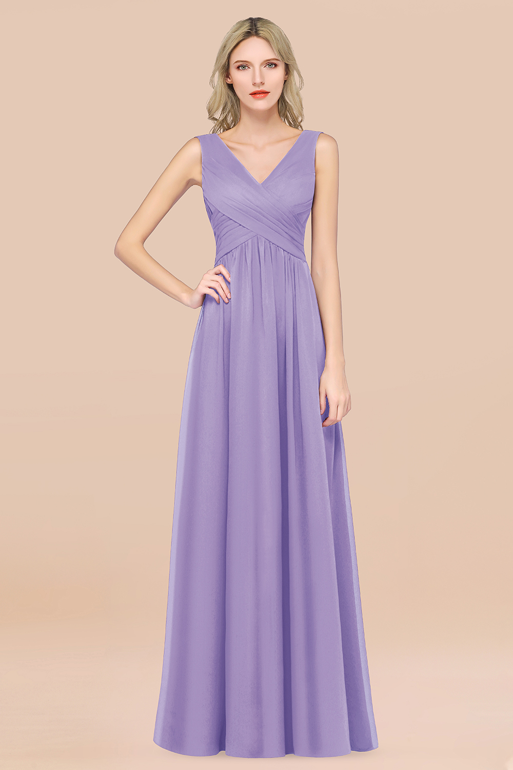 BMbridal Glamorous Chiffon V-Neck Sleeveless Burgundy Bridesmaid Dress with Draped Back-BMbridal