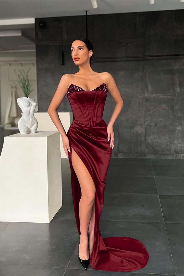 Mermaid Royal Blue Strapless Sleeveless Prom Dress High Split With Sequins