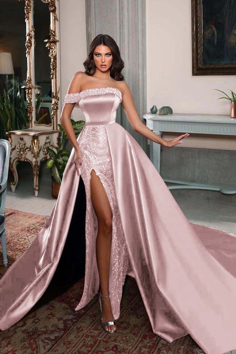 One Shoulder Sleeveless Long Split Prom Dress With Pleated Beading