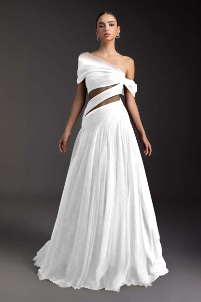 Glamorous Tulle One Shoulder Sleeveless Long Prom Dress With Pleated