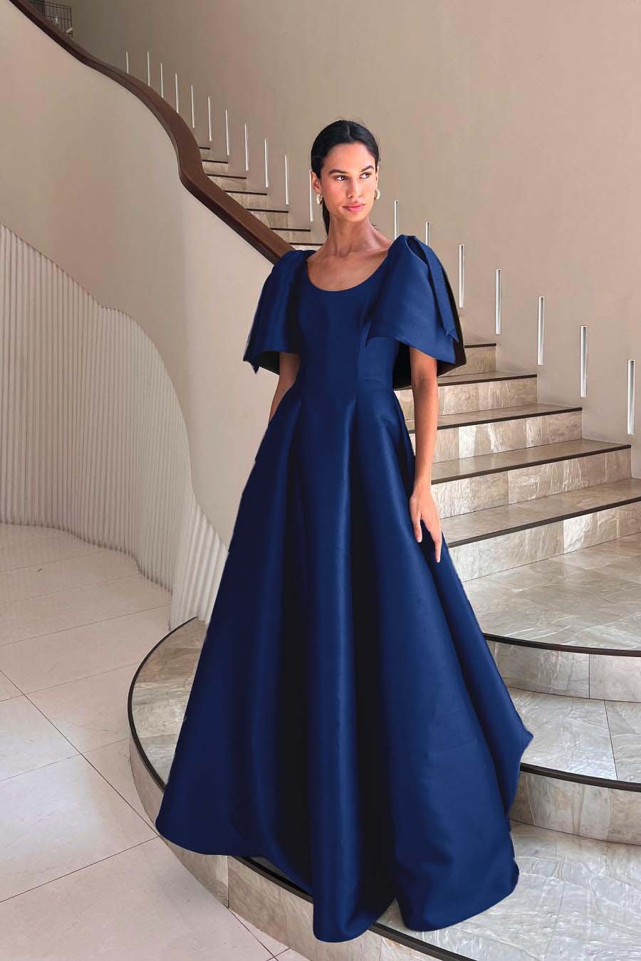 Jewel Neck Short Sleeves Long A Line Prom Dress With Pleated