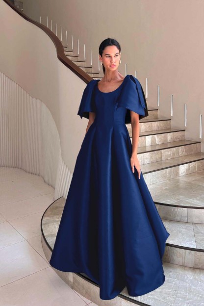 Jewel Neck Short Sleeves Long A Line Prom Dress With Pleated