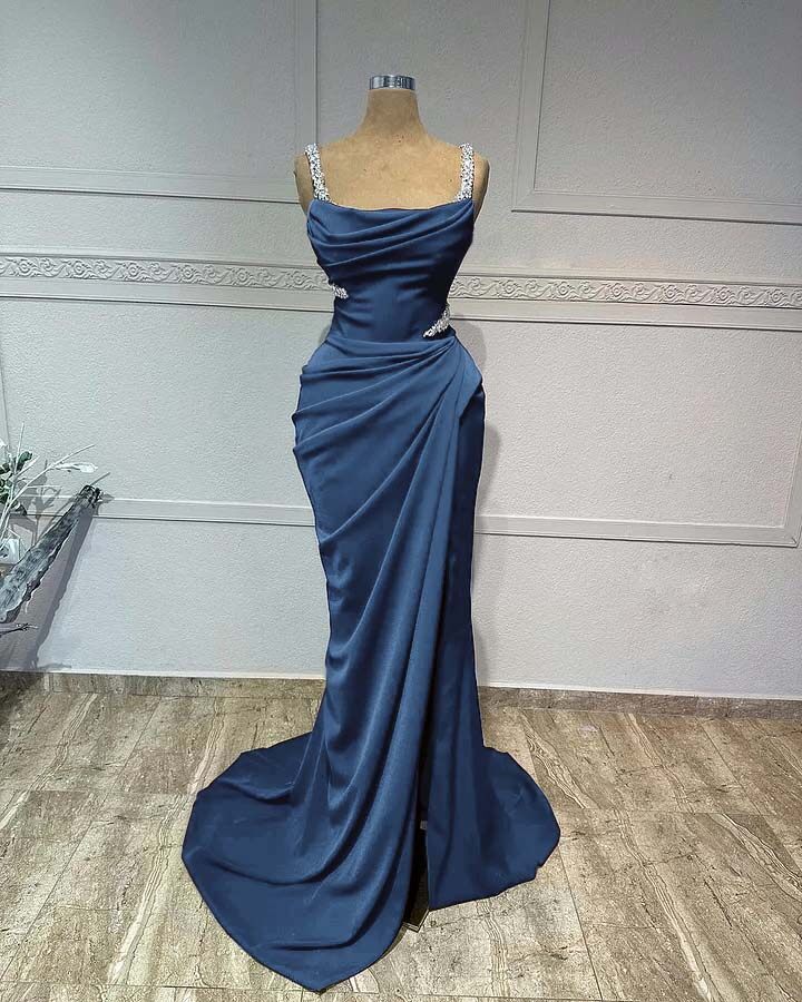 Straps Sleeveless Long Mermaid Prom Dress With Pleated Sequins