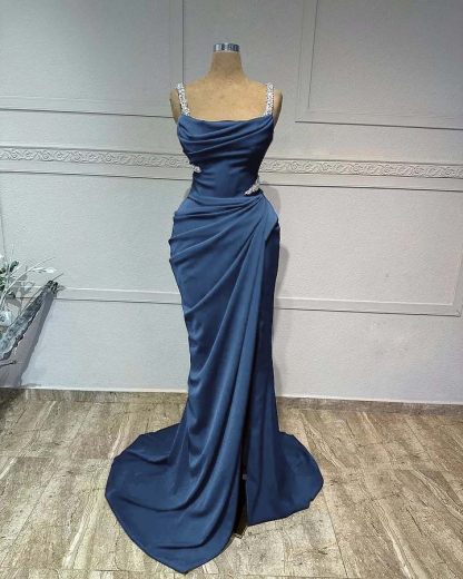 Straps Sleeveless Long Mermaid Prom Dress With Pleated Sequins