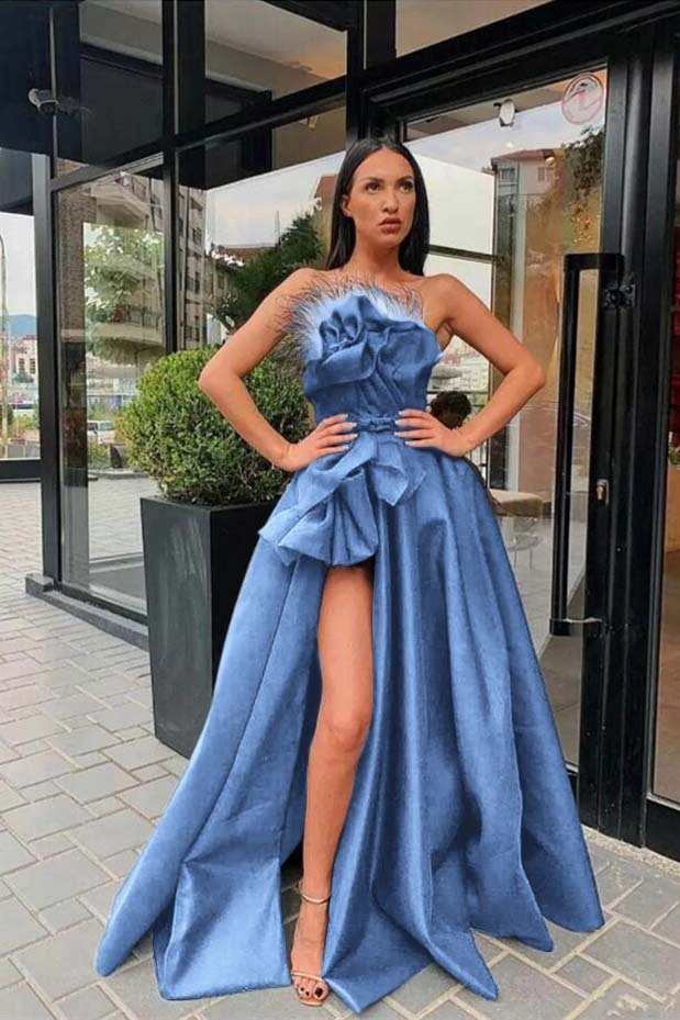 Strapless Sleeveless Long Black A Line Prom Dress High Split With Feather