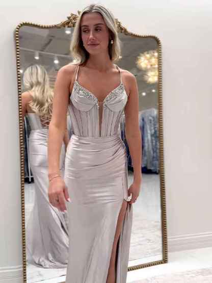 Sparkly Black Mermaid Spaghetti Straps Grey Corset Prom Dress with Slit