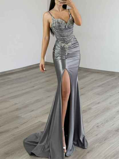 Gold Liquid Beaded Bodice Satin Prom Dress with Slit