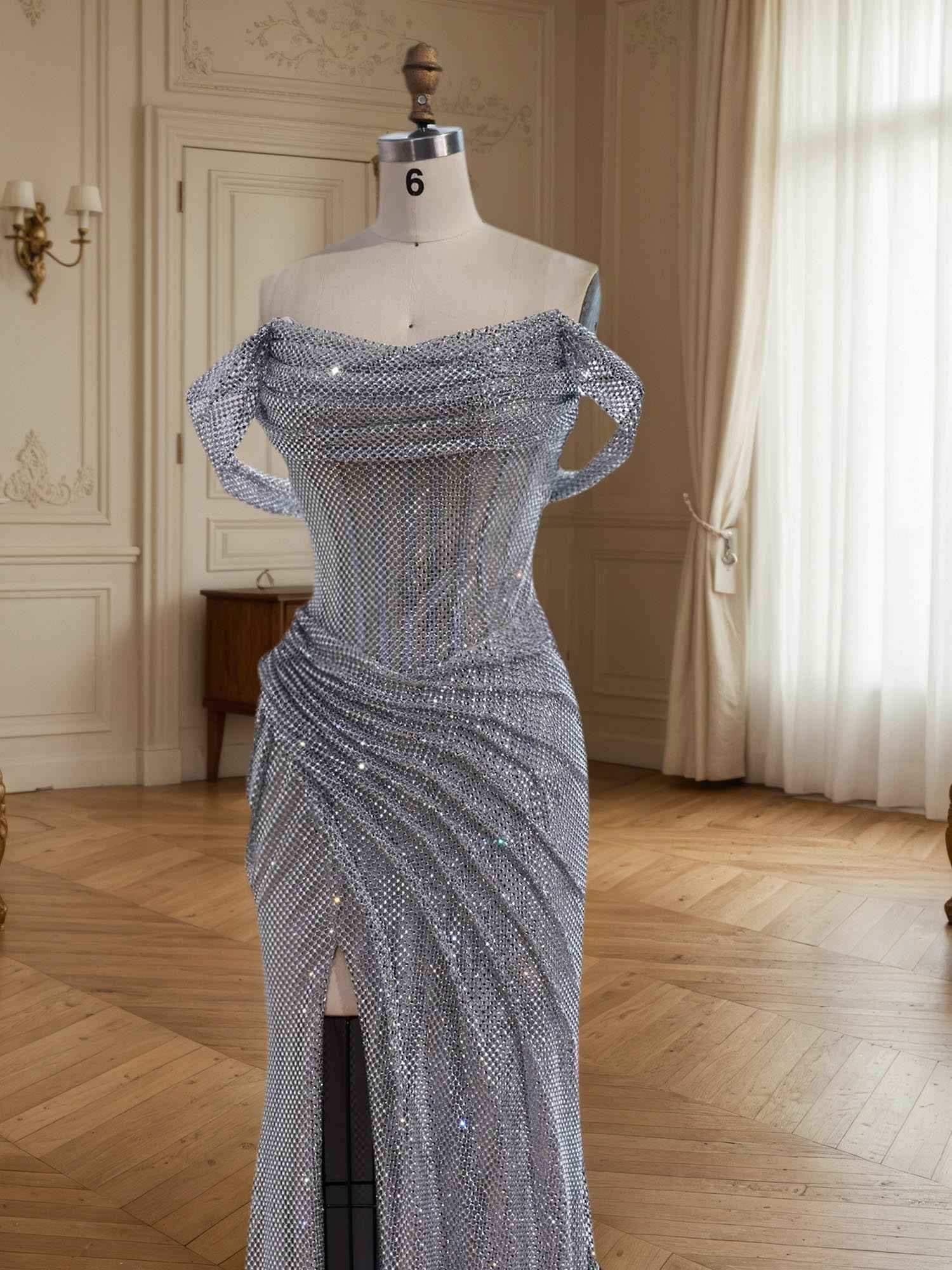 Sparkly Off-the-Shoulder Mesh Ruched Bodice Long Prom Dress with High Slit