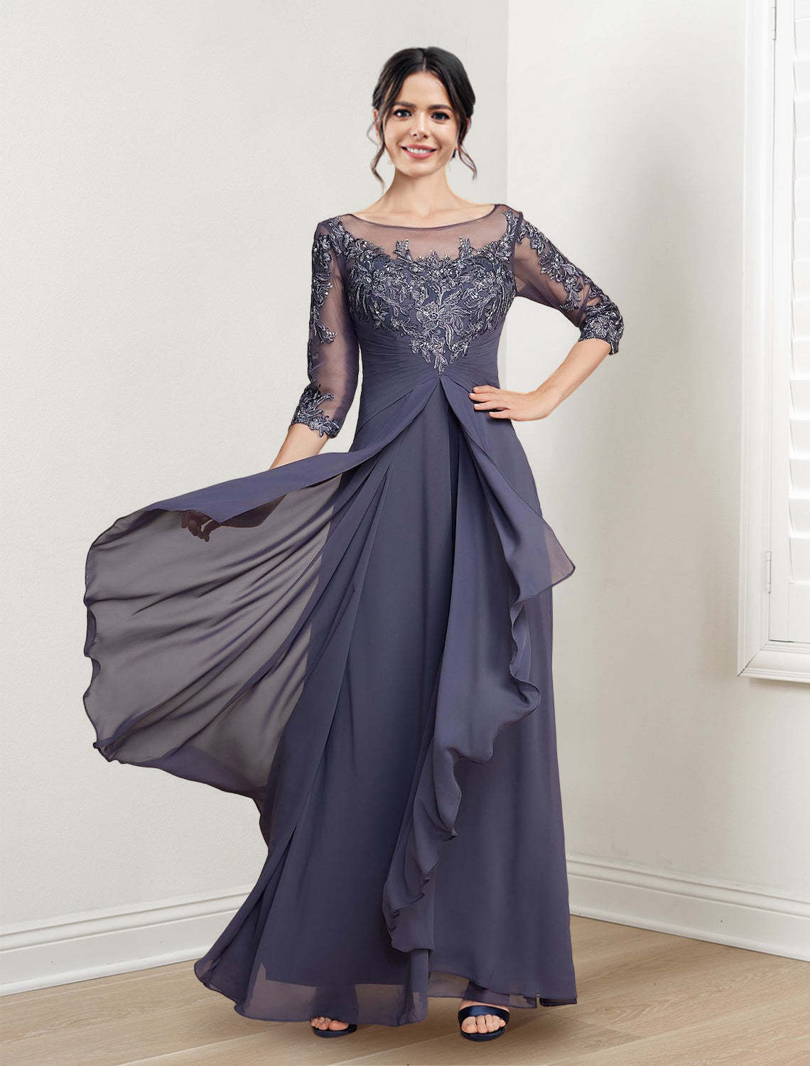 Floor-Length Mother of the Bride Dresses with A-Line and Princess Scoop Necklines