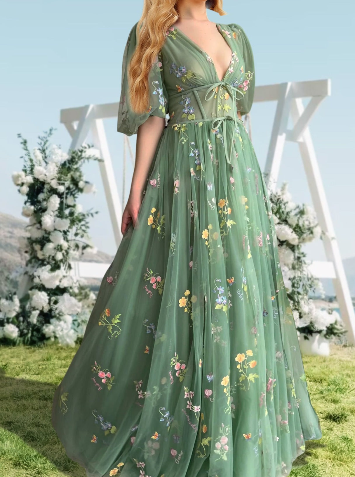 V-Neck Floral A-Line Prom Dress with Short Sleeves and Princess Cut
