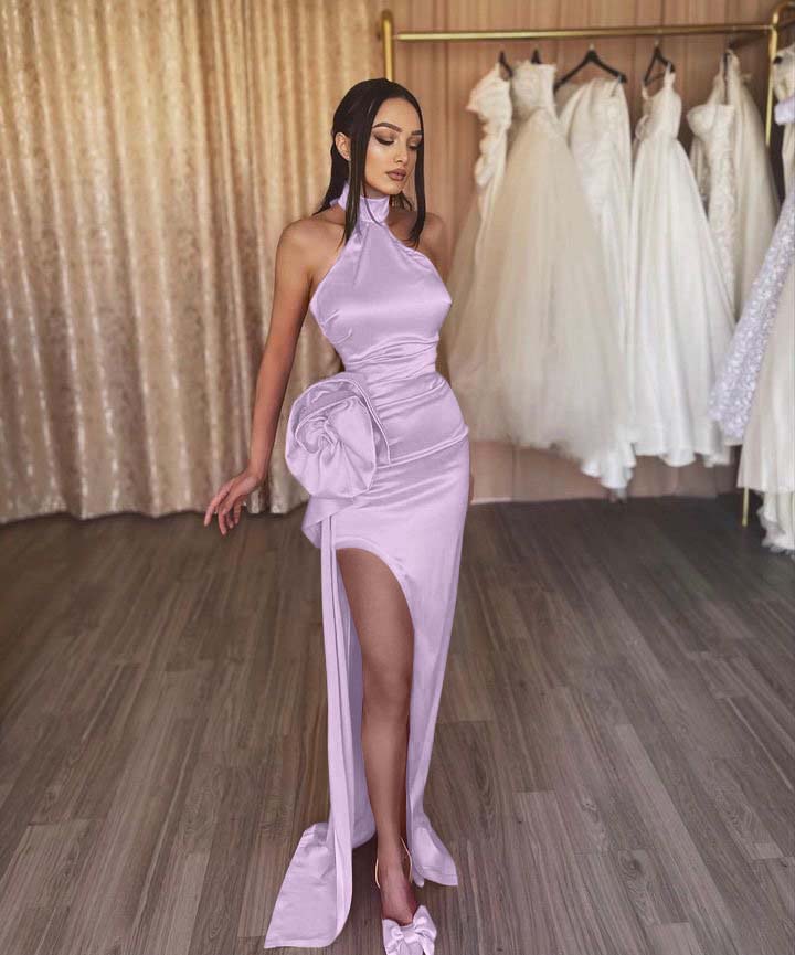 Orange Flower Halter Sleeveless High Split Prom Dress With Pleated