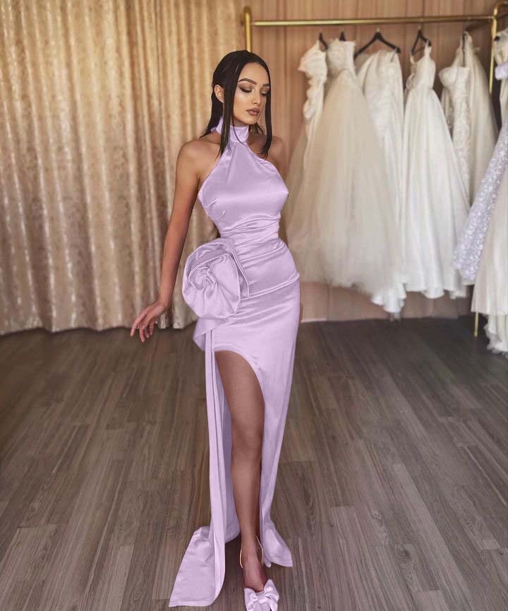 Orange Flower Halter Sleeveless High Split Prom Dress With Pleated