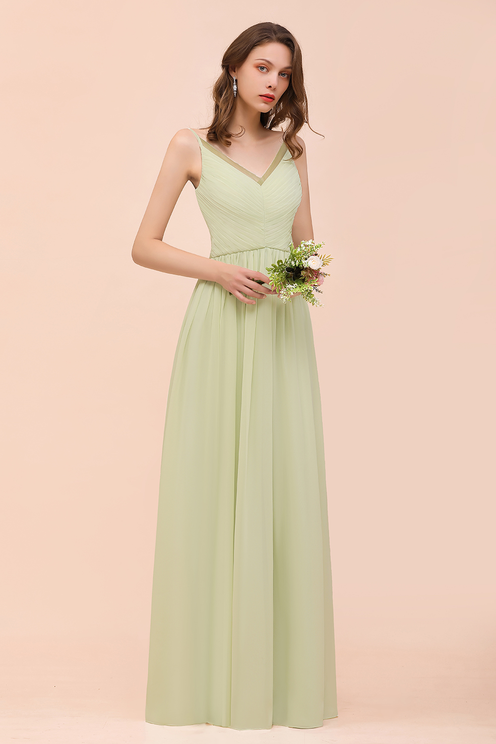 BMbridal Popular V-Neck Sage Chiffon Affordable Bridesmaid Dress with Low Back-BMbridal