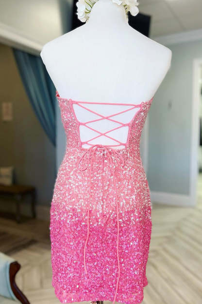 Sparkly Pink Ombre Sequin Tight Short Homecoming Dress