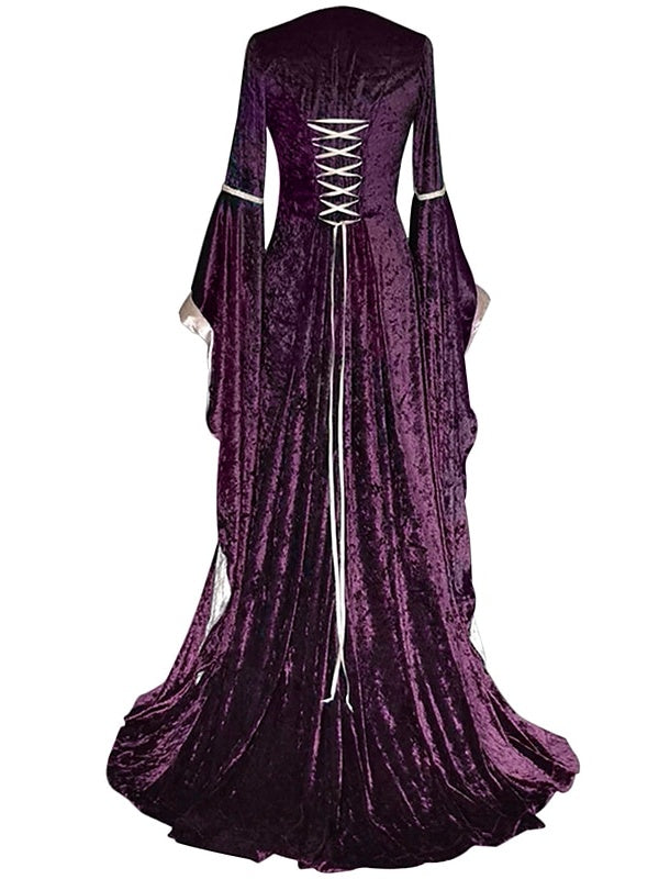 Square-Neck Retro Ball Gown with Long Sleeves for Halloween Performances