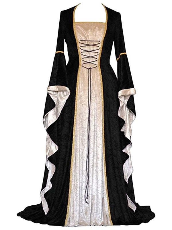 Square-Neck Retro Ball Gown with Long Sleeves for Halloween Performances