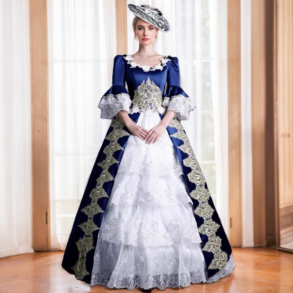 Rococo Maria Antonietta Vacation Dress with Square Neck and Long Sleeves 18th Century Ball Gown