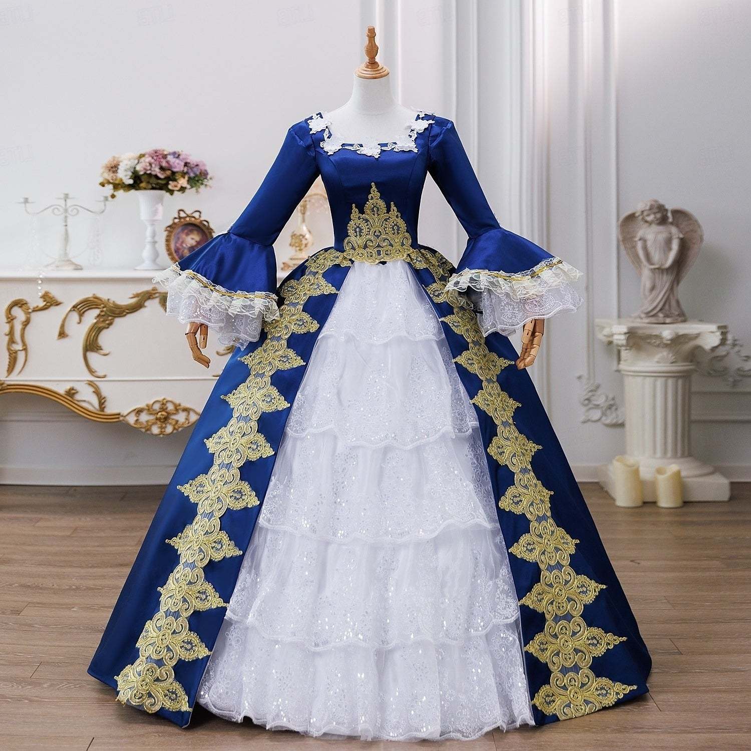 Maria Antonietta Rococo Victorian Renaissance Vacation Dress with Square Neck and Long Sleeves