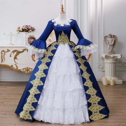 Maria Antonietta Rococo Victorian Renaissance Vacation Dress with Square Neck and Long Sleeves