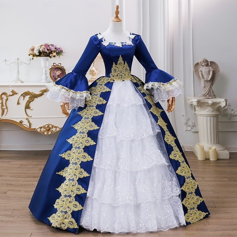 Maria Antonietta Rococo Victorian Renaissance Vacation Dress with Square Neck and Long Sleeves