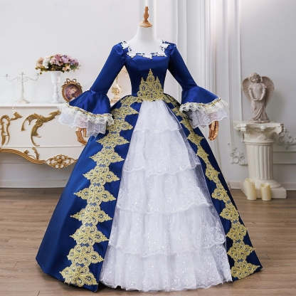 Maria Antonietta Rococo Victorian Renaissance Vacation Dress with Square Neck and Long Sleeves