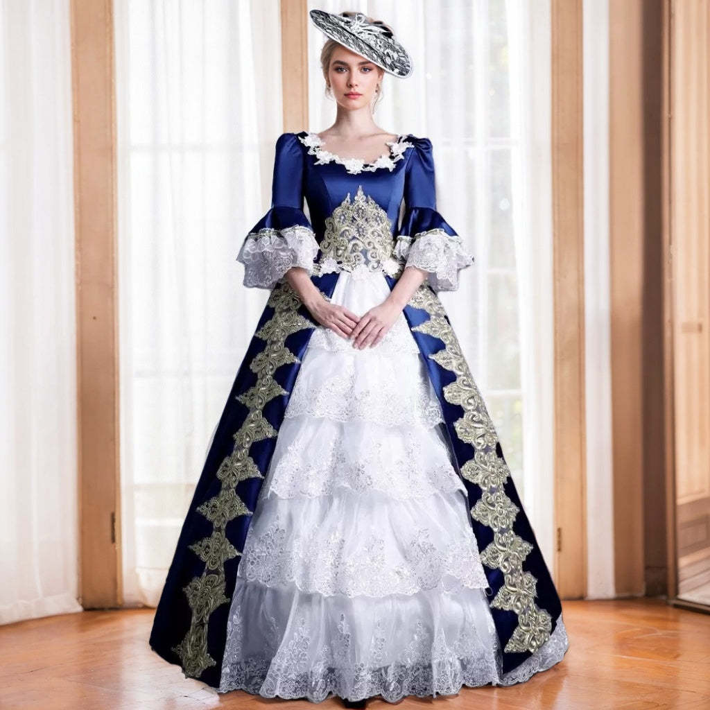 Maria Antonietta Rococo Victorian Renaissance Vacation Dress with Square Neck and Long Sleeves