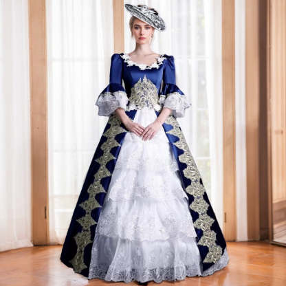 Maria Antonietta Rococo Victorian Renaissance Vacation Dress with Square Neck and Long Sleeves