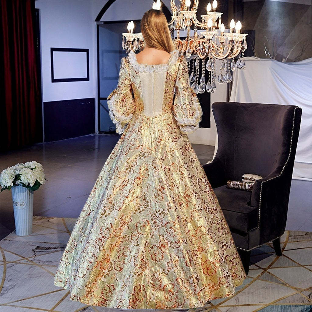 Vintage Rococo Ball Gown with Square Neck Half Sleeves and Renaissance Lace