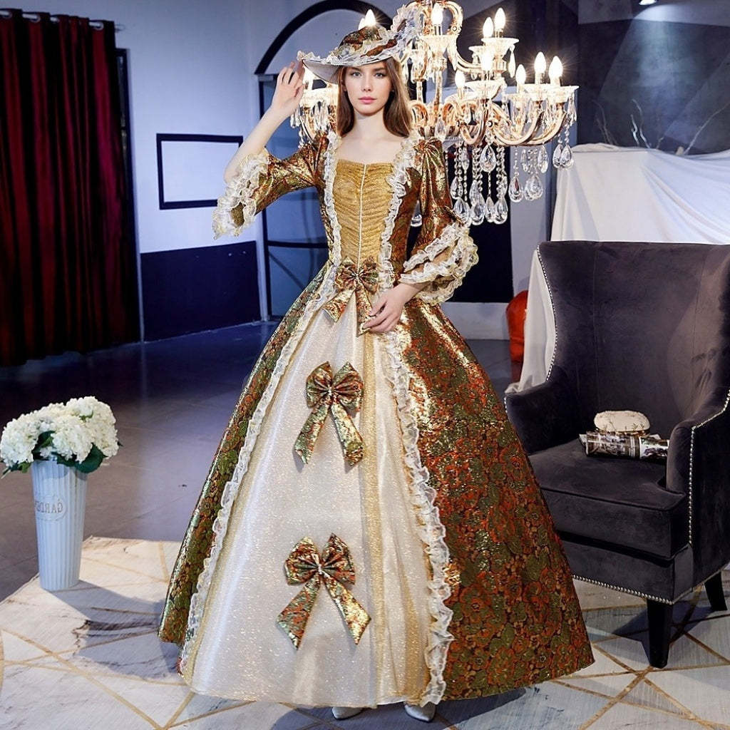 Vintage Rococo Ball Gown with Square Neck Half Sleeves and Renaissance Lace