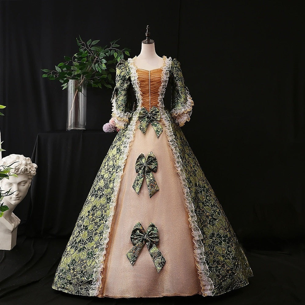Vintage Rococo Ball Gown with Square Neck Half Sleeves and Renaissance Lace