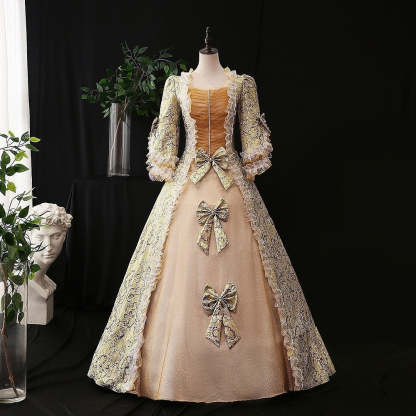 Vintage Rococo Ball Gown with Square Neck Half Sleeves and Renaissance Lace