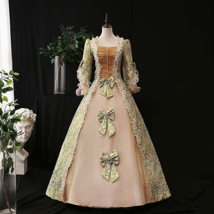 Vintage Rococo Ball Gown with Square Neck Half Sleeves and Renaissance Lace