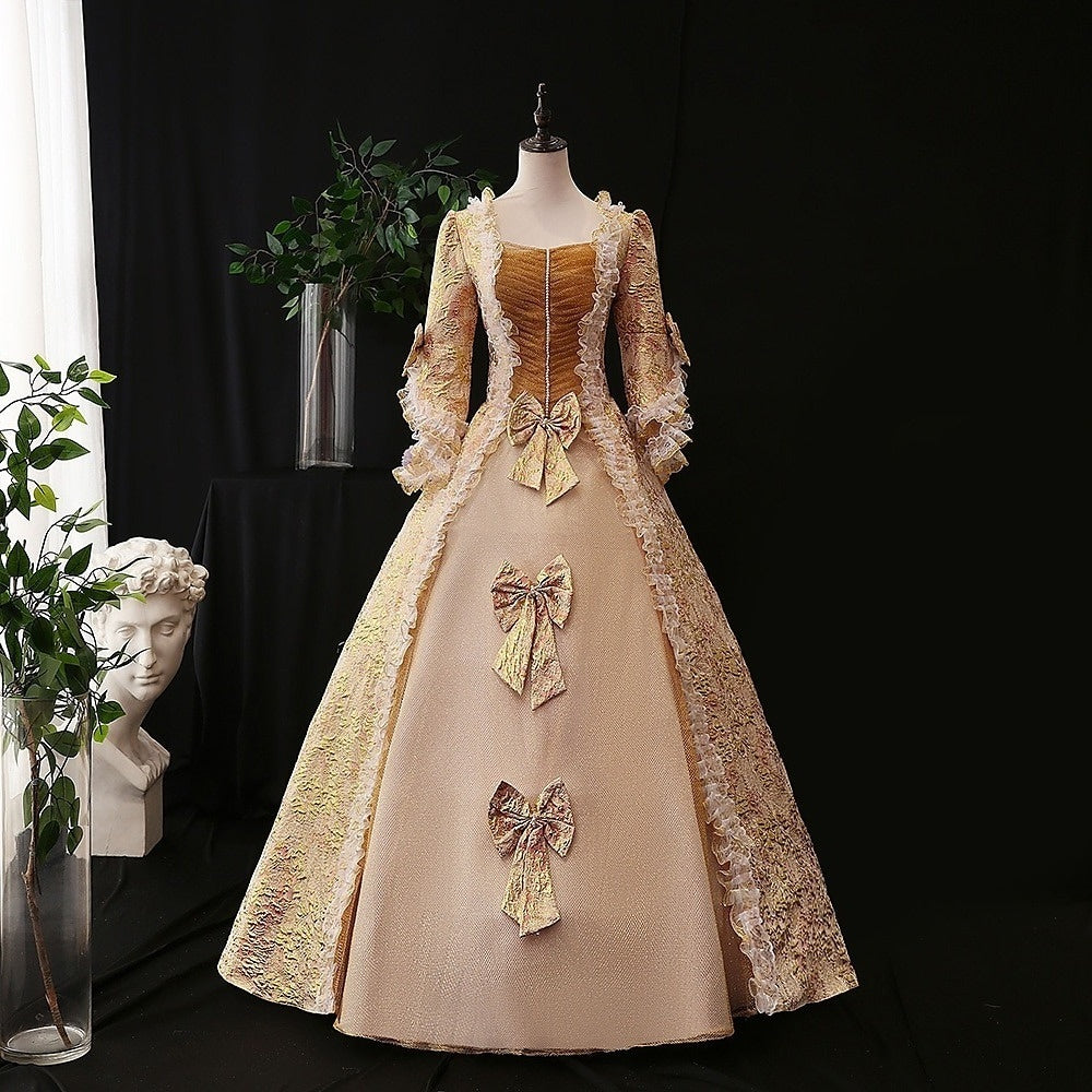 Vintage Rococo Ball Gown with Square Neck Half Sleeves and Renaissance Lace